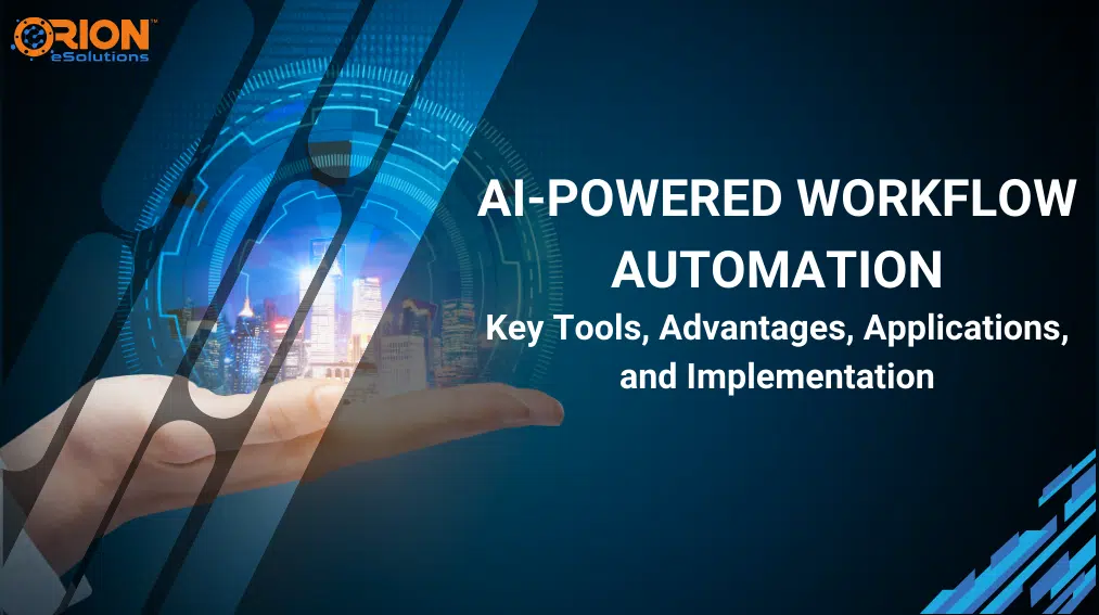 Digital illustration of AI-powered workflow automation with a cityscape in hand and futuristic technology overlay
