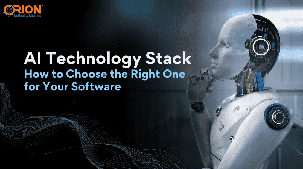 AI technology stack illustration with humanoid robot thinking about choosing the right tools for software development.